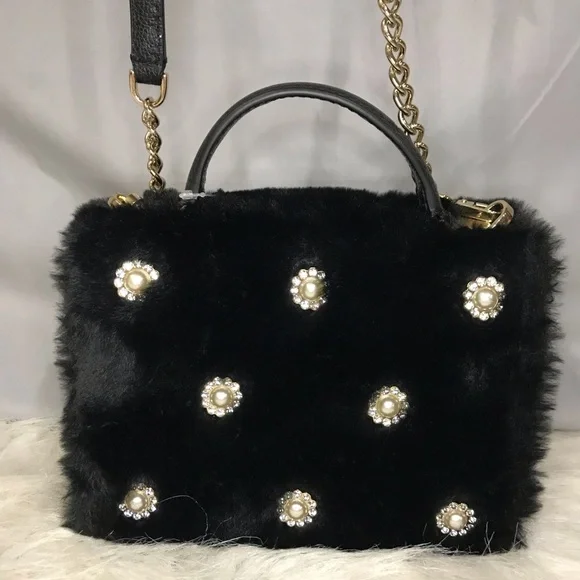 NWT Kate Spade Black Faux Fur Handle Crossbody Bag w/ Crystal Embellishments - Picture 6 of 16
